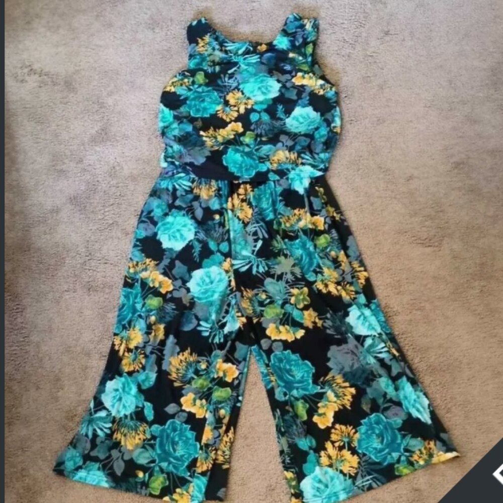 Lemon Way Blue and Green Floral Jumpsuit Romper - Soft and Fun Size Large Car1